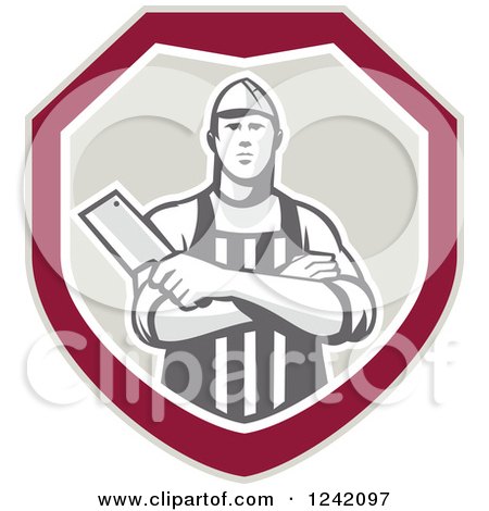 Clipart of a Retro Male Butcher with a Knife in a Shield - Royalty Free Vector Illustration by patrimonio