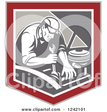 Clipart of a Retro Mechanic Working on an Engine in a Shield - Royalty Free Vector Illustration by patrimonio
