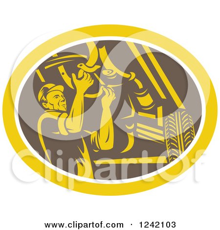 Clipart of a Retro Woodcut Car Mechanic Working Under the Chassis in an Oval - Royalty Free Vector Illustration by patrimonio