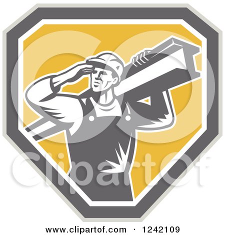 Clipart of a Retro Male Construction Worker Carrying a Beam over a Shield - Royalty Free Vector Illustration by patrimonio