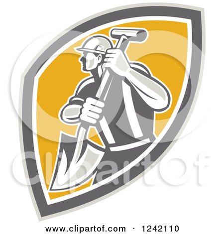 Clipart of a Retro Male Construction Worker with a Shovel in a Shield - Royalty Free Vector Illustration by patrimonio