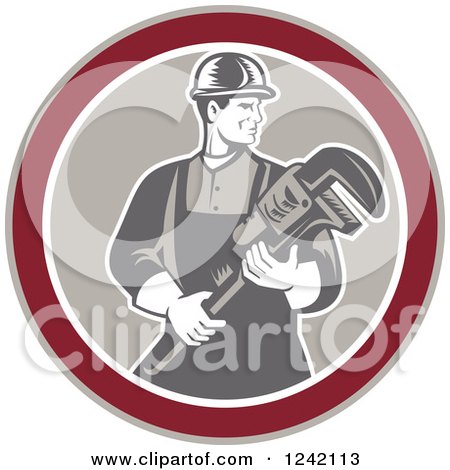 Clipart of a Retro Woodcut Male Plumber Holding a Monkey Wrench in a Circle - Royalty Free Vector Illustration by patrimonio