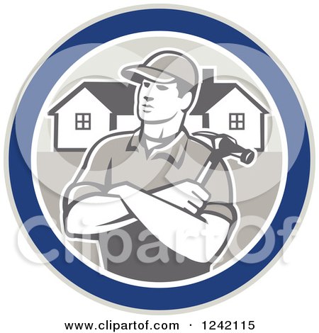 Clipart of a Retro Male Home Bulider in a Circle with Houses and a Hammer - Royalty Free Vector Illustration by patrimonio