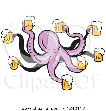 Clipart of a Purple Bartender Otopus with Beer - Royalty Free Vector Illustration by patrimonio