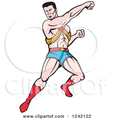 Clipart of a Cartoon Super Hero Man Punching and Running - Royalty Free Vector Illustration by patrimonio