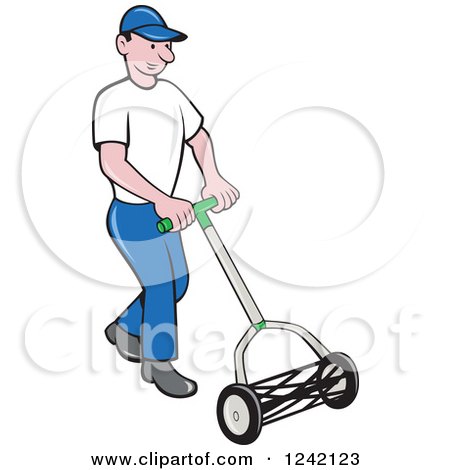 Clipart of a Cartoon Gardener Man Using a Manual Lawn Cylinder Mower - Royalty Free Vector Illustration by patrimonio