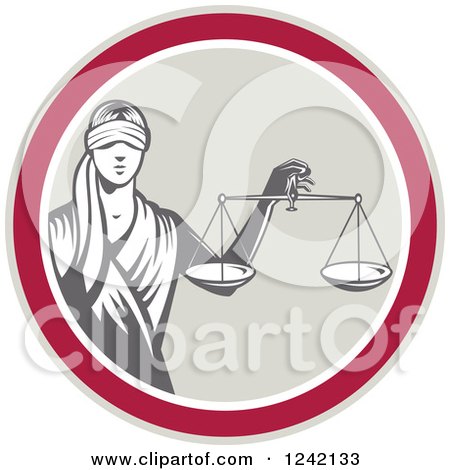 Clipart of a Retro Lady Justice with Scales in a Circle - Royalty Free Vector Illustration by patrimonio