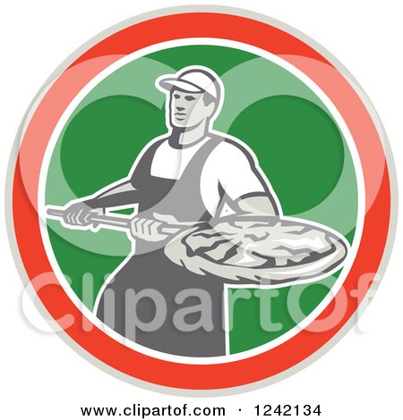 Clipart of a Retro Pizzeria Man with a Pie on a Peel in a Circle - Royalty Free Vector Illustration by patrimonio