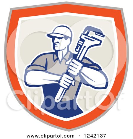Clipart of a Retro Male Plumber Holding a Monkey Wrench in a Shield - Royalty Free Vector Illustration by patrimonio