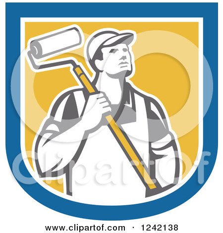 Clipart of a Retro Male House Painter with a Roller Brush in a Shield - Royalty Free Vector Illustration by patrimonio