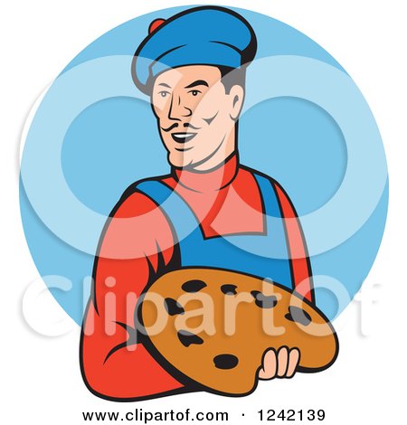 Clipart of a Cartoon Artist Man with a Palette over a Blue Circle - Royalty Free Vector Illustration by patrimonio