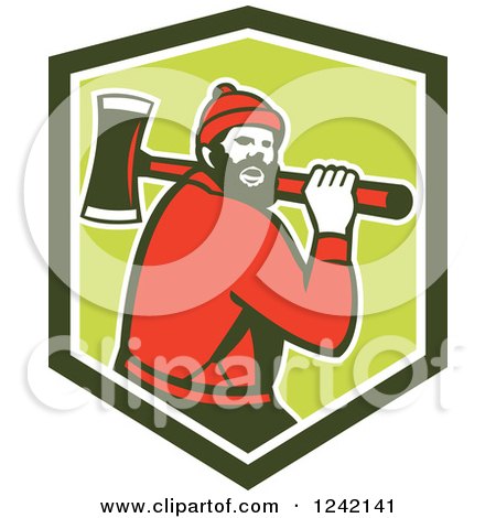 Clipart of a Retro Logger, Paul Bunyan, with an Axe in a Shield - Royalty Free Vector Illustration by patrimonio