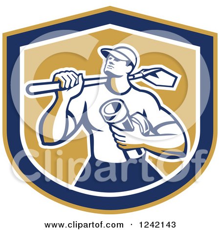 Clipart of a Retro Drainlayer Man Carrying a Shovel and Pipe in a Shield - Royalty Free Vector Illustration by patrimonio