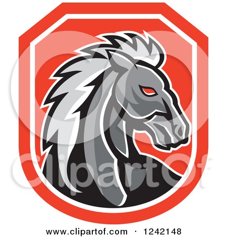Clipart of a Stallion Horse Head in a Red Shield - Royalty Free Vector Illustration by patrimonio