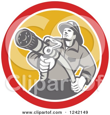 Retro Fireman Aiming a Hose in a Yellow and Red Circle Posters, Art Prints