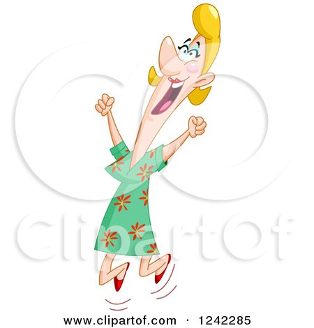 Clipart of a Happy Blond Caucasian Woman Jumping - Royalty Free Vector Illustration by yayayoyo