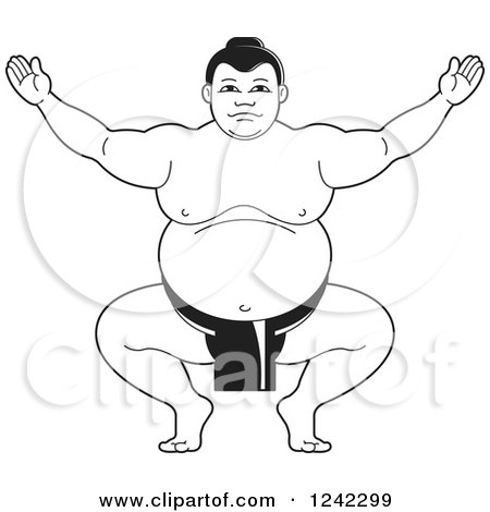 Clipart of a Black and White Sumo Wrestler Crouching and Holding up His Arms - Royalty Free Vector Illustration by Lal Perera