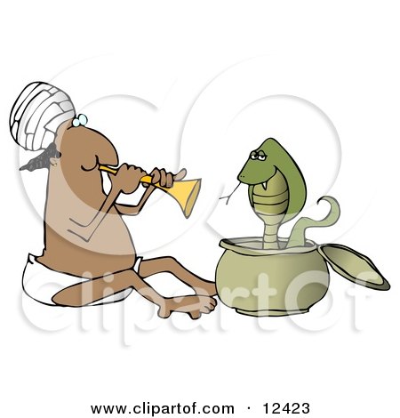 Male Indian Snake Charmer Man Playing Music For a Swaying Cobra in a Basket Clipart Illustration by djart