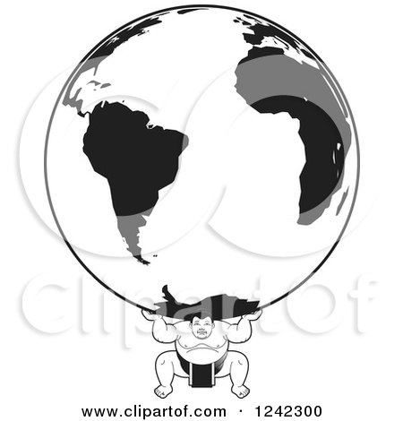Clipart of a Black and White Sumo Wrestler Holding up a Globe - Royalty Free Vector Illustration by Lal Perera