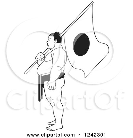 Clipart of a Black and White Sumo Wrestler Holding a Japanese Flag - Royalty Free Vector Illustration by Lal Perera