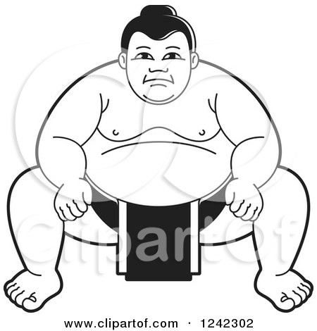 Clipart of a Black and White Sumo Wrestler Crouching - Royalty Free Vector Illustration by Lal Perera