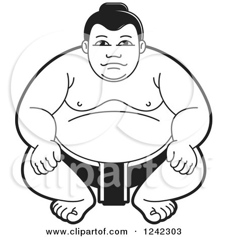 Clipart of a Black and White Sumo Wrestler Crouching 2 - Royalty Free Vector Illustration by Lal Perera