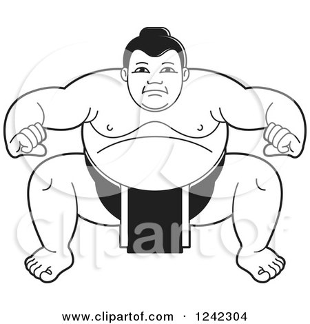 Clipart of a Black and White Sumo Wrestler Crouching 3 - Royalty Free Vector Illustration by Lal Perera