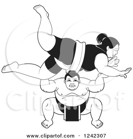 Clipart of Black and White Male and Female Sumo Wrestlers Fighting - Royalty Free Vector Illustration by Lal Perera