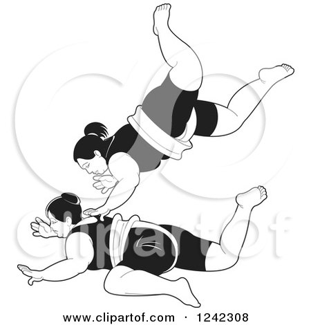 Clipart of Black and White Female Sumo Wrestlers Fighting - Royalty Free Vector Illustration by Lal Perera