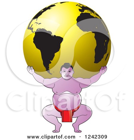 Clipart of a Sumo Wrestler Holding up a Gold Globe - Royalty Free Vector Illustration by Lal Perera