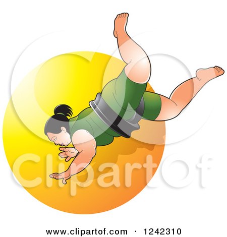 Clipart of a Female Sumo Wrestler over a Yellow Circle - Royalty Free Vector Illustration by Lal Perera