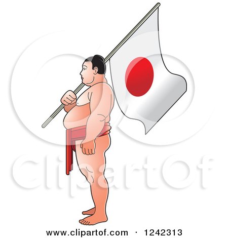 Clipart of a Sumo Wrestler Holding a Japanese Flag - Royalty Free Vector Illustration by Lal Perera