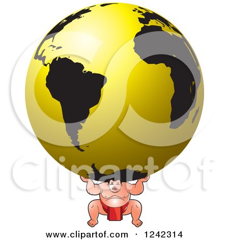 Clipart of a Sumo Wrestler Carrying a Gold Globe - Royalty Free Vector Illustration by Lal Perera