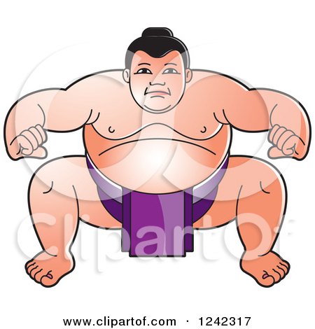 Clipart of a Crouching Sumo Wrestler in Purple - Royalty Free Vector Illustration by Lal Perera