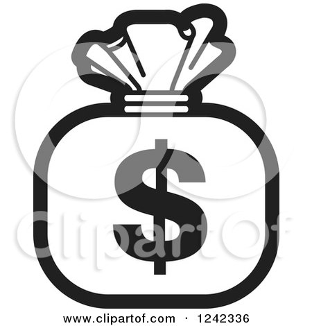 Clipart of a Black and White Money Bag with a Dollar Symbol 6 - Royalty Free Vector Illustration by Lal Perera