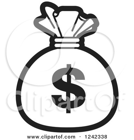 Clipart of a Black and White Money Bag with a Dollar Symbol 2 - Royalty Free Vector Illustration by Lal Perera