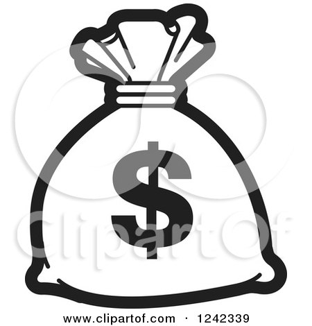 Clipart of a Black and White Money Bag with a Dollar Symbol 3 - Royalty Free Vector Illustration by Lal Perera
