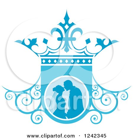 Clipart of a Silhouetted Wedding Couple About to Kiss in Ablue Ornate Crown Shield - Royalty Free Vector Illustration by Lal Perera