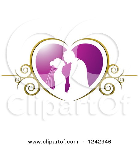 Clipart of a Silhouetted Wedding Couple About to Kiss in a Purple and Gold Swirl Heart - Royalty Free Vector Illustration by Lal Perera