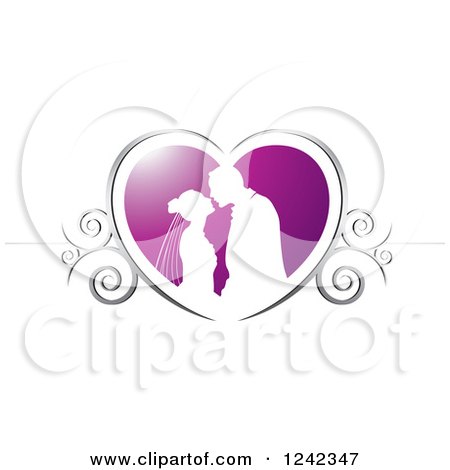 Clipart of a Silhouetted Wedding Couple About to Kiss in a Purple and Silver Swirl Heart - Royalty Free Vector Illustration by Lal Perera