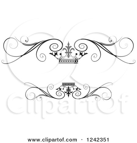 Clipart of a Black and White Crown and Swirl Flourish Wedding Frame - Royalty Free Vector Illustration by Lal Perera