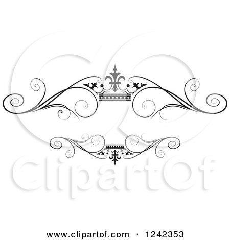 Clipart of a Black and White Crown and Swirl Flourish Wedding Frame 2 - Royalty Free Vector Illustration by Lal Perera