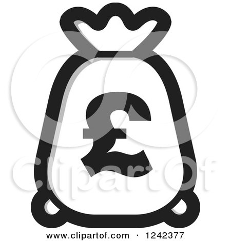 Clipart of a Black and White Money Bag with a Pound Currency Symbol - Royalty Free Vector Illustration by Lal Perera