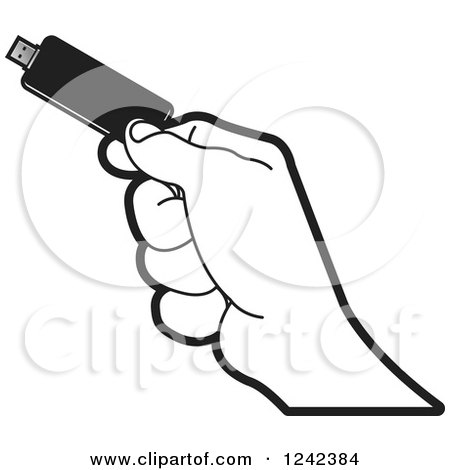Clipart of a Black and White Hand Holding a Usb Flash Drive - Royalty Free Vector Illustration by Lal Perera
