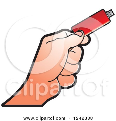 Clipart of a Caucasian Hand Holding a Red Usb Flash Drive - Royalty Free Vector Illustration by Lal Perera
