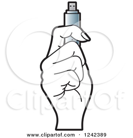 Clipart of a Black and White Hand Holding a Silver Usb Flash Drive - Royalty Free Vector Illustration by Lal Perera