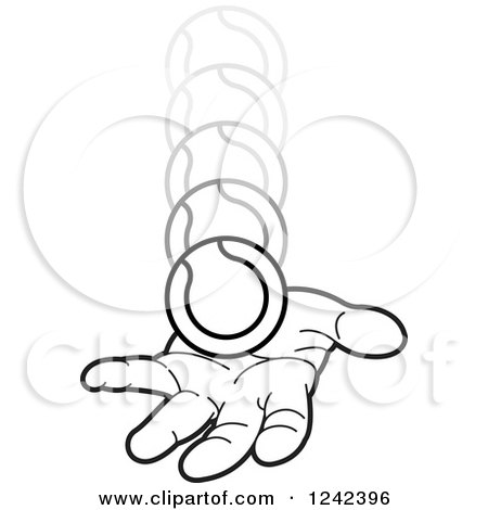 Clipart of a Black and White Hand Catching a Tennis Ball - Royalty Free Vector Illustration by Lal Perera