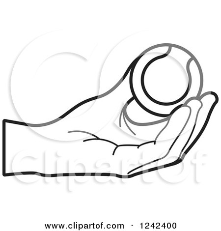 Clipart of a Black and White Hand Holding a Tennis Ball - Royalty Free Vector Illustration by Lal Perera