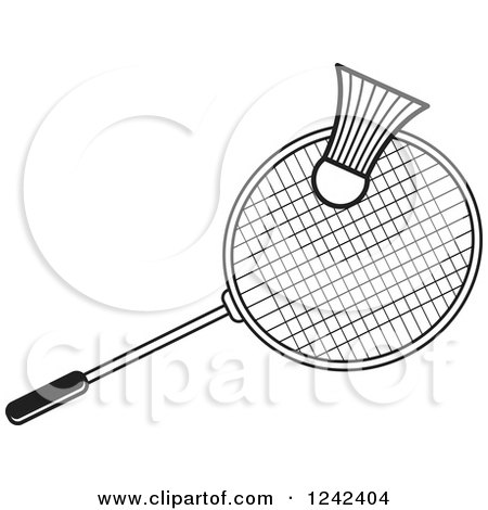 Clipart of a Black and White Badminton Shuttlecock and Racket - Royalty Free Vector Illustration by Lal Perera