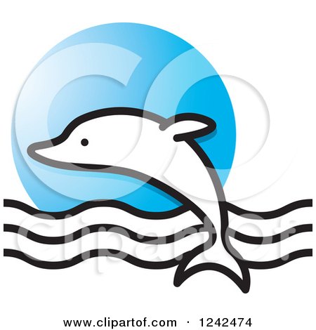 Clipart of a Leaping Dolphin and Waves over a Blue Circle - Royalty Free Vector Illustration by Lal Perera